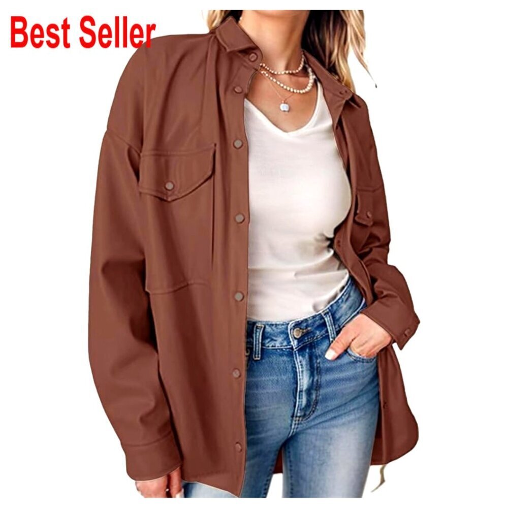 PU Leather Shacket Button Down Lapel Blazer Coat with Bust Pocket - Picture 1 of 7